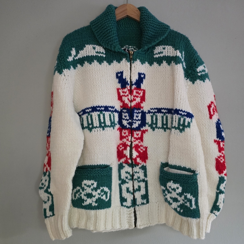 Vintage Mary Maxim Totem Pole Cowichan Style Sweater, Unisex Large